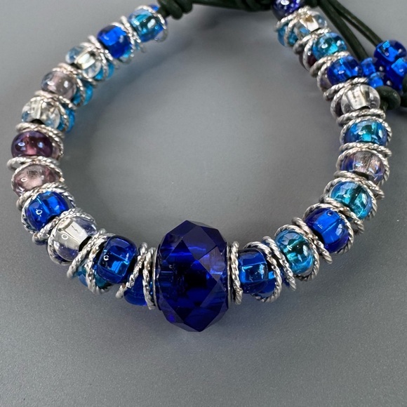 Hand Crafted Jewelry - HAND CRAFTED Leather Wrap Beaded Bracelet Blue 6.25” Blue Glass Crystal NWT